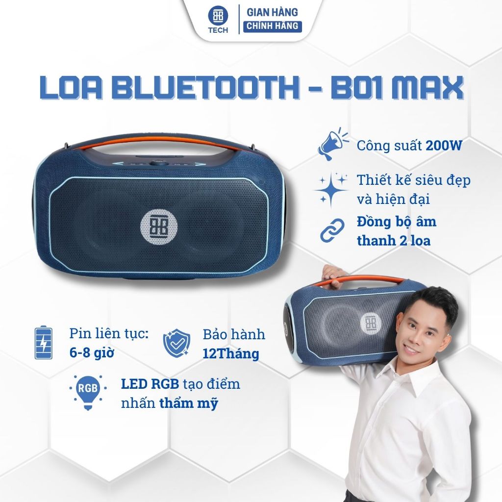 Loa Bluetooth B01 Max 200W Bass Mạnh, Pin Trâu 6h - 8h, Kết nối USB - Thẻ nhớ, Bluetooth 5.3, BH 12 