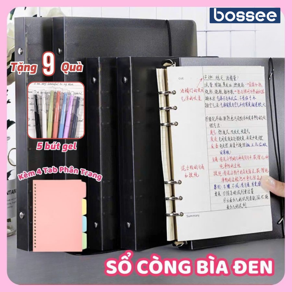 [Tặng 5 bút+4 tab] Sổ Còng Sắt Binder B5 A5 A4 Bìa Đen, Sổ 4/6/9/20/26/30 Giấy Kẻ Ngang/Kẻ Vuông