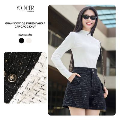Quần đùi nữ Younger By Cardina chất vải dạ tweed dáng A cạp cao hai khuy 5YQSA17