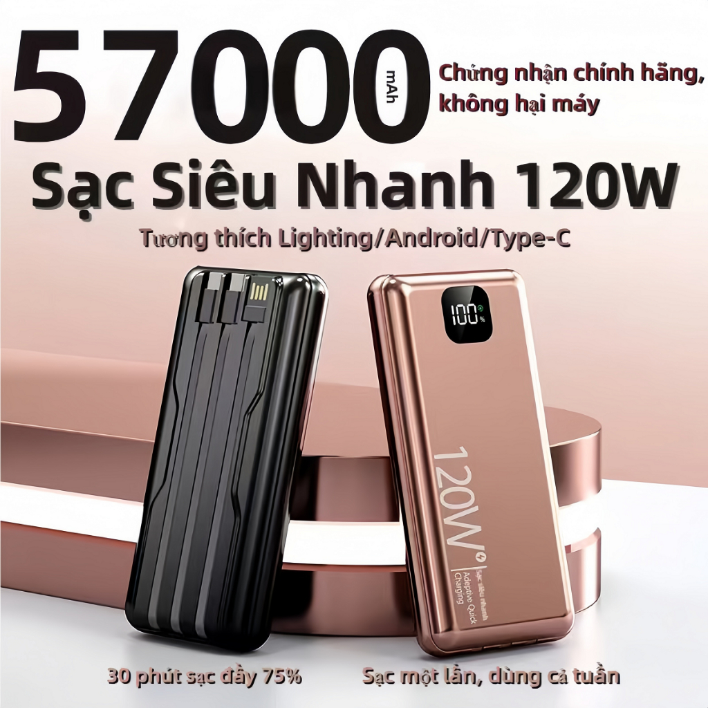 Pin sạc dự phòng Sạc Siêu Nhanh 120W 57000mAh Tích hợp sẵn ba dây cáp Phù hợp với nhiều loại điện thoại