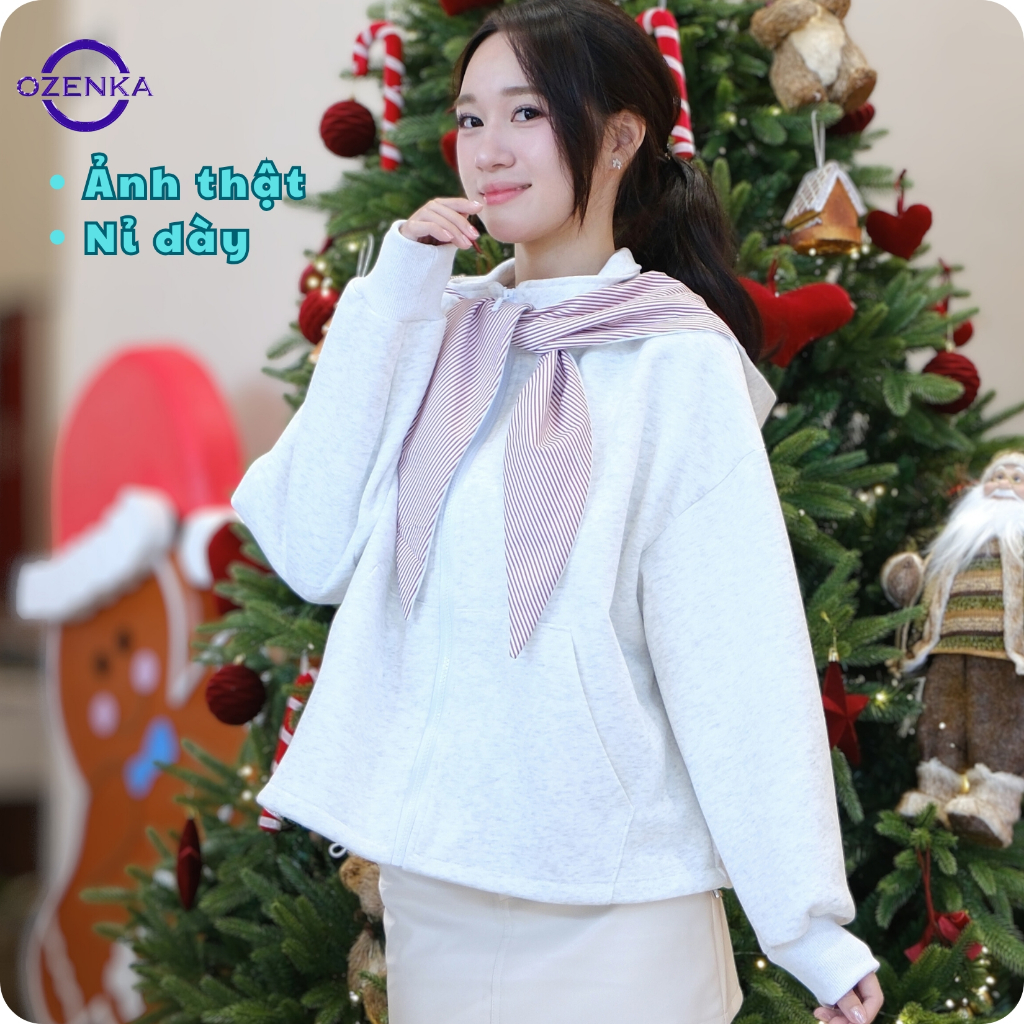 Áo Hoodie Zip Quàng Khăn Tai Thỏ Phối Kẻ Nỉ 2 Da Ozenka – Áo Khoác Nữ Có Mũ Rộng Dây Rút Khóa Kéo Mặ