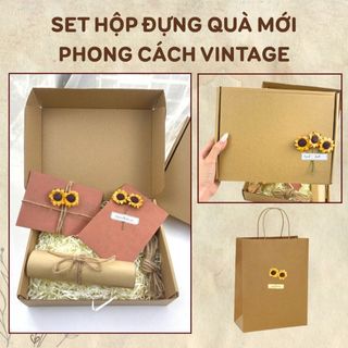  Hộp đựng quà vintage nắp gài gồm túi hoa khô phong bì lá bàng giấy viết thư quà tặng handmade Happy Birds 