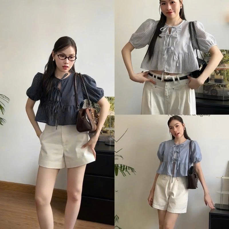 (Hàng Shop): Áo Babydoll Kẻ Dáng Ngắn Croptop Tay Bồng Thắt Nơ Kèm Áo Quây 3 Màu-Ảnh Thật Lollaye