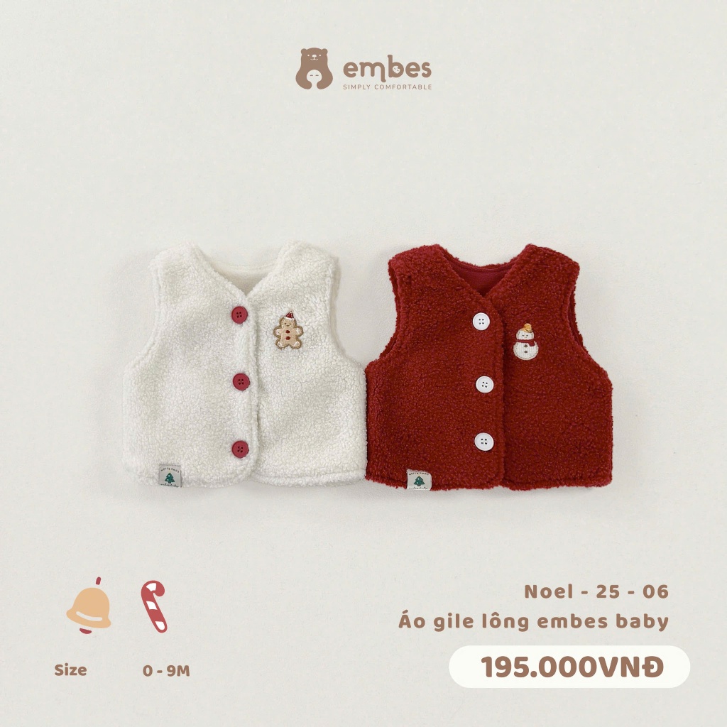 Embes Noel Áo Gile Lông Thêu Họa Tiết Giáng Sinh, Có Size Cho Bé Sơ Sinh