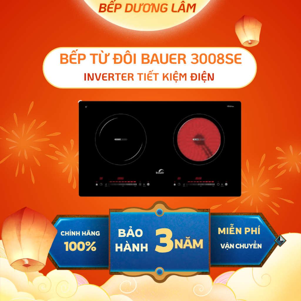 Bếp điên từ đôi BAUER BE 3008SE | Model 2024 | Inverter tiết kiệm điện | Bảo hành 3 năm