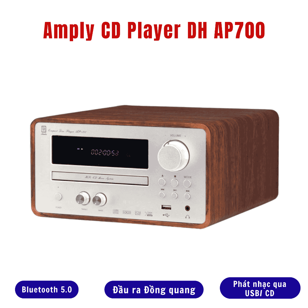 Amply Bluetooth Phong Cách Retro DH AP700, Hỗ trợ nghe nhạc qua đĩa CD, Có jack Cổng quang, Optical,
