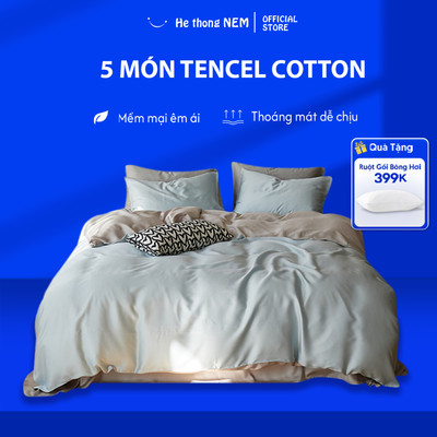 Bộ Chăn Ga Gối Lụa He thong NEM Cao Cấp Set Chăn Ra Gối Đệm Vỏ Chăn Lồng Ruột 5 Món Tencel Cotton Trải Giường Mềm Mại