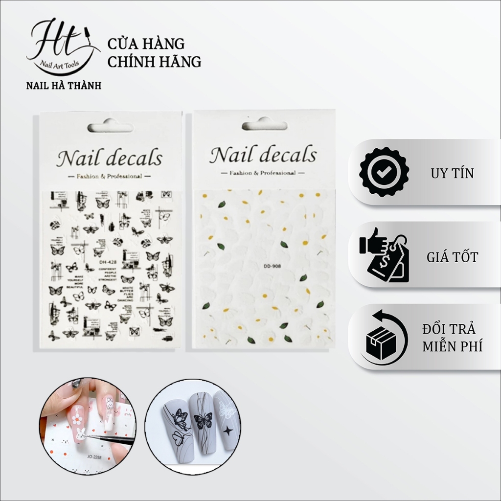 Sticker hoa lá cánh bướm 2D đen trắng trang trí móng