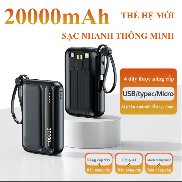 Đen 20000 mAh điện thoại di động công suất lớn 4 dây trong 1 hỗ trợ Tất cả điện thoại và máy tính bảng