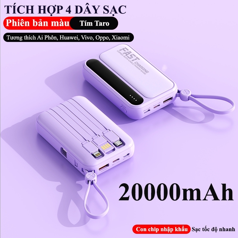Màu tím 20000 mAh điện thoại di động sạc nhanh bốn dây trong một màn hình led hiển thị