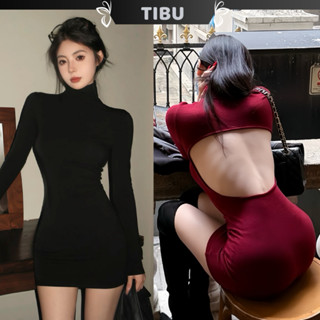  Đầm Body Cổ Lọ Tay Dài Hở Lưng TIBU Đầm Nữ Dáng Ngắn Ôm Dáng Đen Đỏ Đi Chơi Dạo Phố D671 