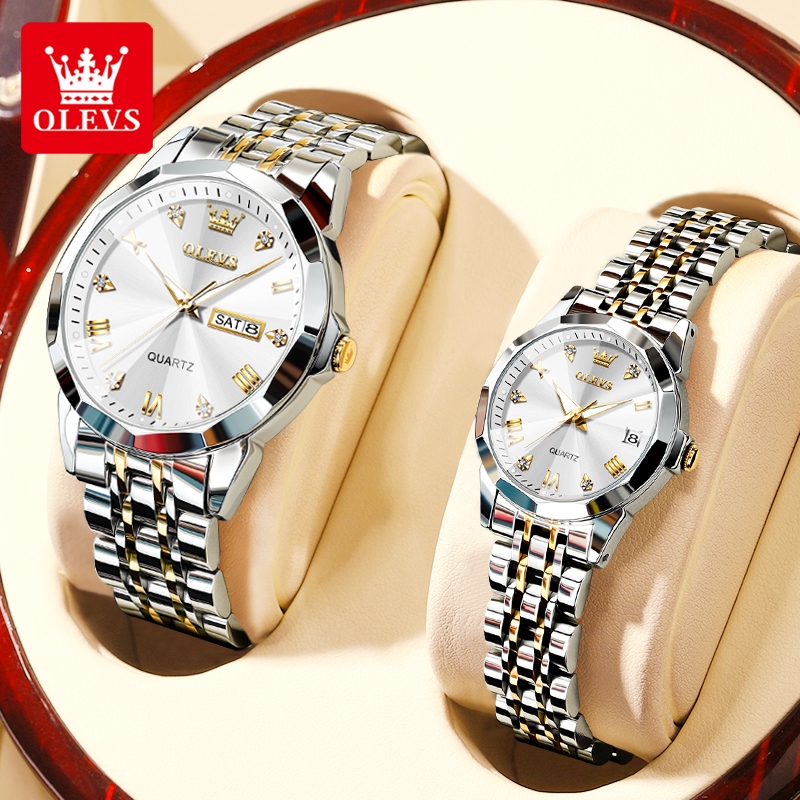 OLEVS Đồng hồ Cặp Chính hãng dây đeo bằng thép không gỉ lịch có chức năng phát sáng chống thấm 9931