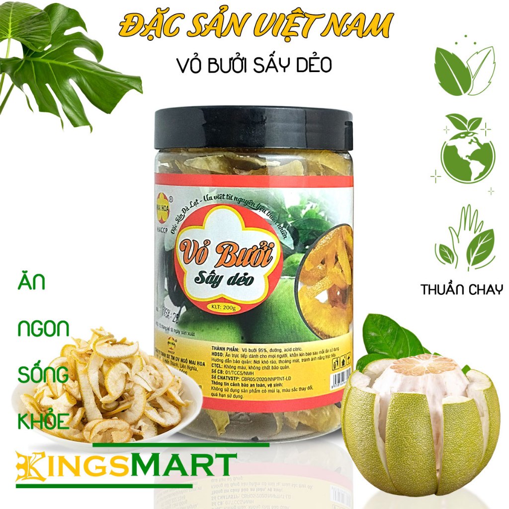 [Thuần chay] - Vỏ bưởi sấy dẻo tẩm chanh dây - Thương hiệu NGÔ MAI HOA - Đặc sản Đà Lạt - Hũ 250g - 