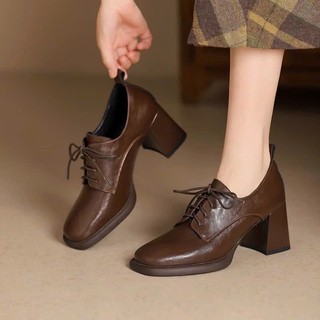 [Sẵn 35 đen] Giày Oxford Nữ Cao Gót Vuông Da Mịn Cột Dây Phong Cách Retro–Giày Công Sở Vintage HQ Sang Trọng, đế cao 6cm