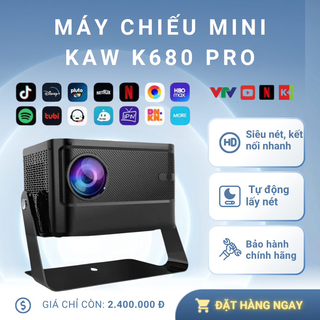 Máy Chiếu Mini KAW K680 Pro Chính Hãng Full HD 1080P, Độ Sáng Cao 1400 Lumen - Bảo hành chính hãng