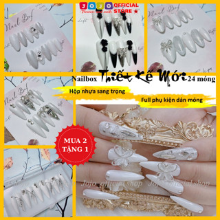   TẶNG MÓNG  Set 24 móng tay giả,móng thiết kế  thủ công ,nail box đính đá màu đen trắng cá tính kèm keo tự gắn 