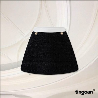 TINGOAN® - Chân váy tweed cạp tweed đen phối viền trắng đính 2 cúc ROSE TEA SKIRT/BL