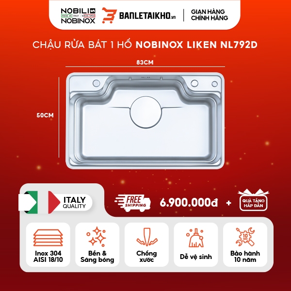 Chậu rửa bát 1 hố Inox 304 NOBINOX LIKEN NL792D Chất Liệu AISI 304 Bề mặt Hạt Linen chống xước