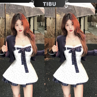  Set Đầm Quây Dáng Xoè Đính Nơ Phối Áo Khoác TIBU Set Đồ Nữ Xinh Xắn Đi Chơi Dạo Phố Thu Đông B665 