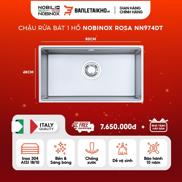 Chậu Rửa Bát 1 Hố Inox 304 NOBINOX ROSA NN974DT Bề Mặt Vân Siêu Mịn Chống Xước