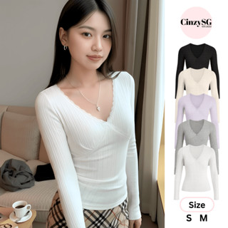  Áo Thun Nữ Tay Dài Thiết Kế Cổ V Phối Ren Ôm Body Chất Liệu Len Dệt Kim Co Giãn TD14 CinZy SG 
