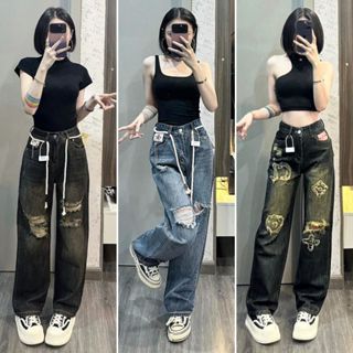  Quần jean ống suông nữ MELINA quần jean nữ rách gối cạp cao 2 màu xanh đen ánh rêu size S M L SPG5 