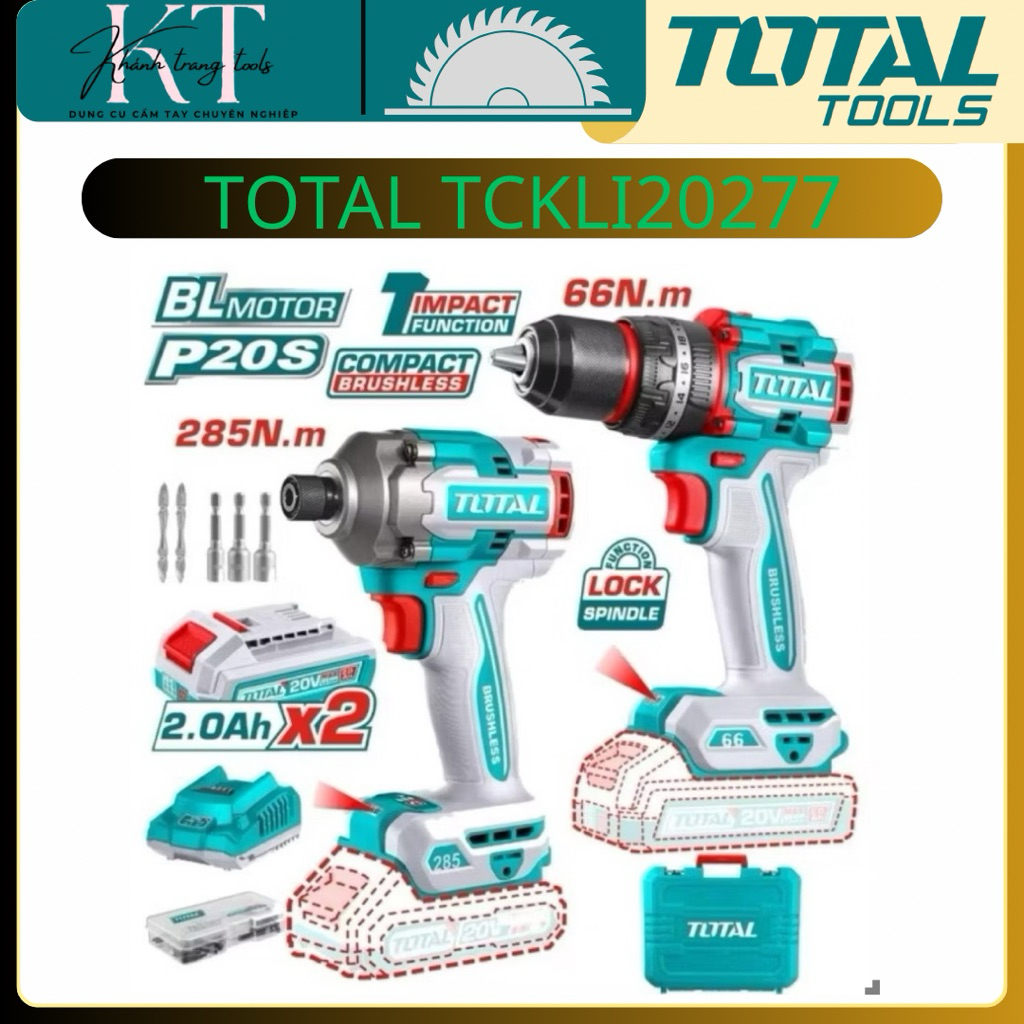 Bộ Combo Máy Khoan Búa & Máy Siết Vít TOTAL TCKLI20277 Không Chổi Than 20V