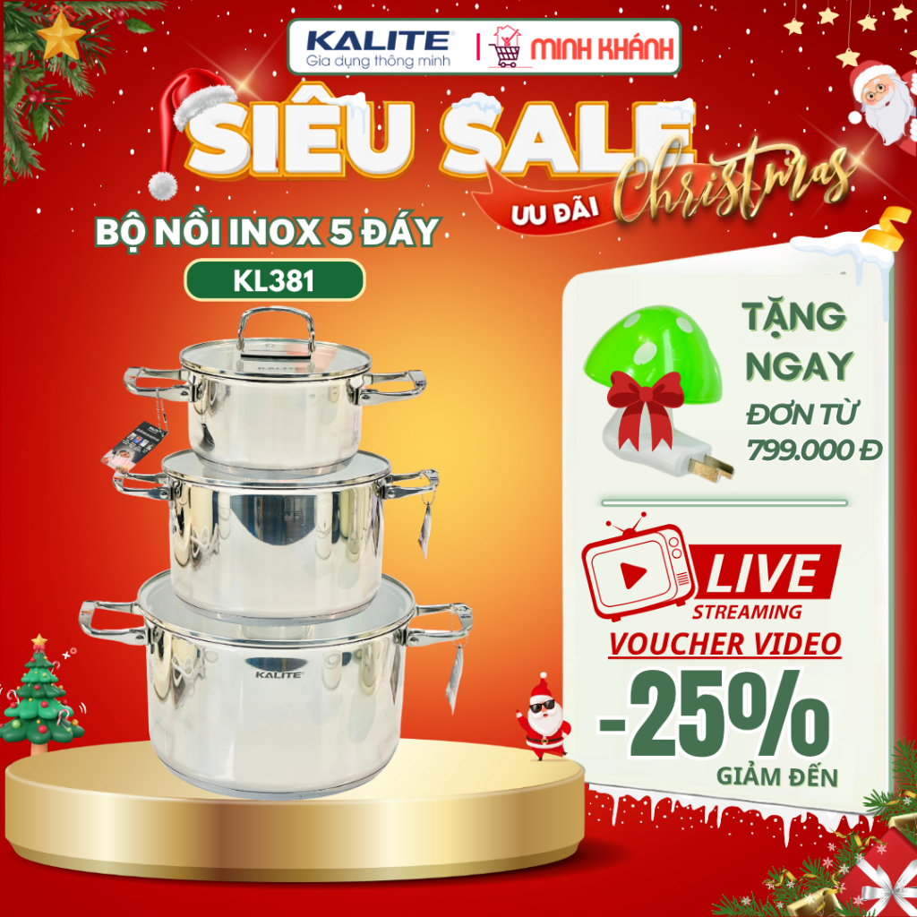 Bộ nồi inox 304 5 đáy từ KALITE KL381 - Nắp kính, size 16-20-24cm giữ nhiệt lâu, Quai gấp, Dày dặn