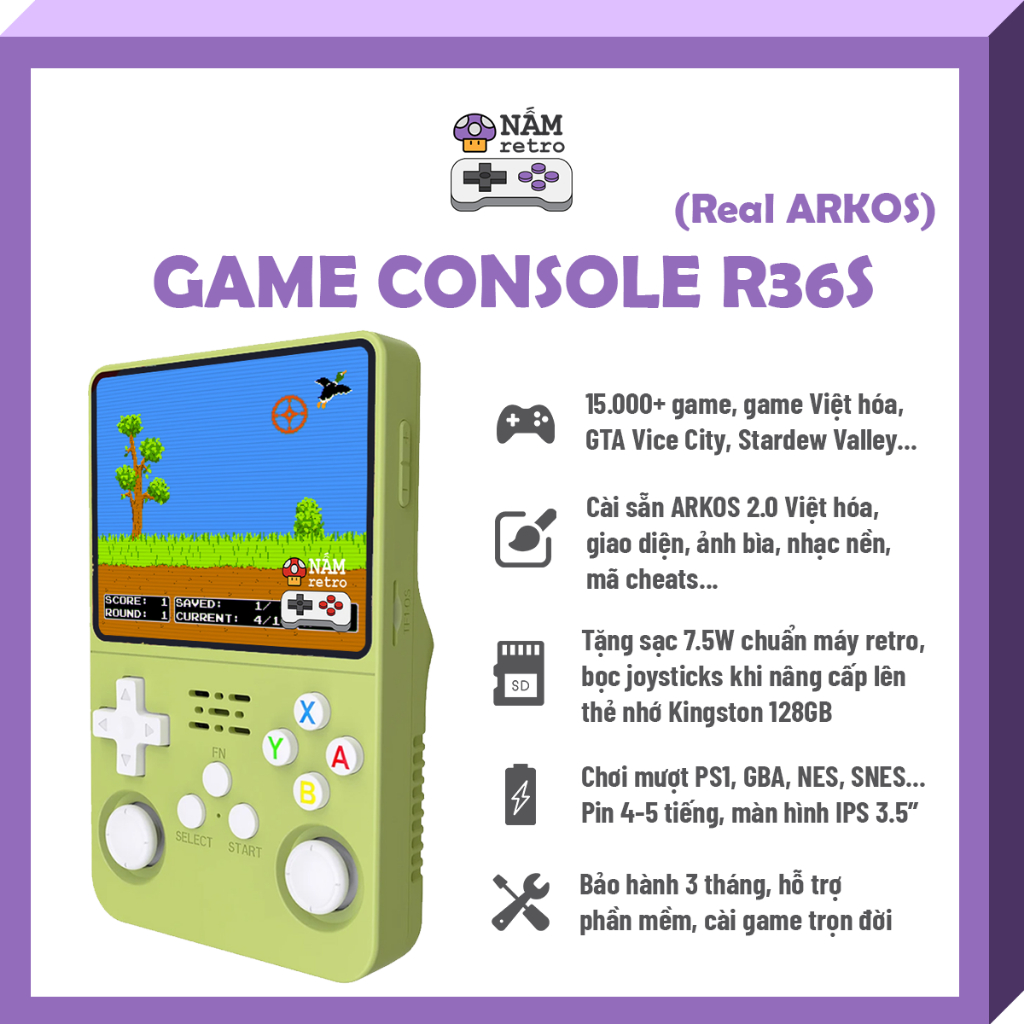 [Tặng Sạc + Bọc Joystick] Máy Chơi Game R36S REAL - ArkOS, 15000 game, Pokemon, GTA Vice City, Stard