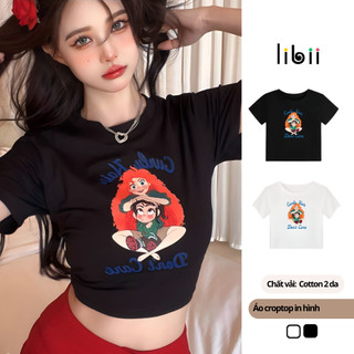 Áo croptop nữ LIBII ngắn tay cổ tròn in hoạ tiết Áo kiểu nữ ôm body chất thun borip dày dặn LBC26