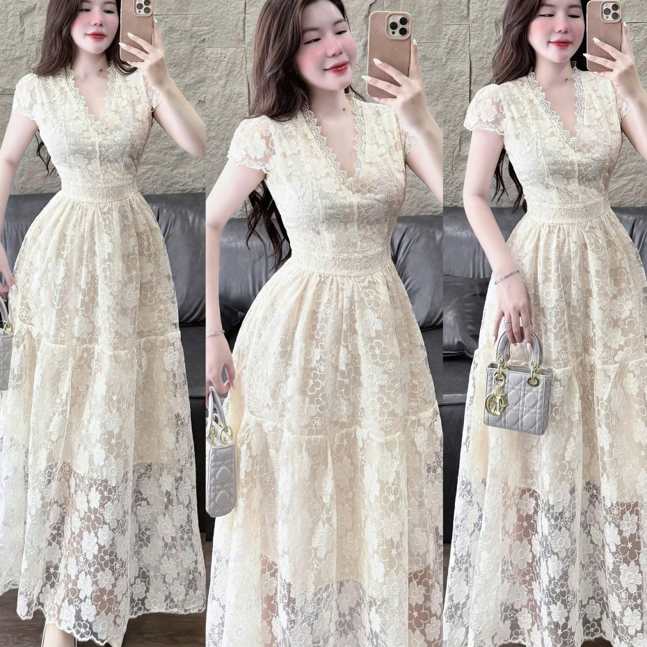 Đầm váy dài - Đầm váy nữ dự tiệc sang chảnh nhẹ nhàng đầm ren hoa tone kem cổ v viền ren tay ngắn dáng dài tùng xòe
