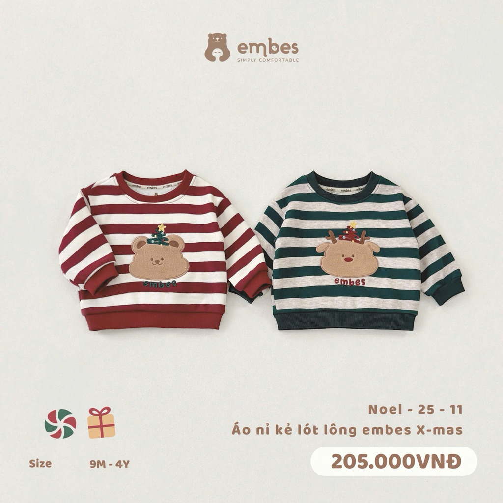 [Embes] Áo nỉ kẻ lót lông embes x-mas