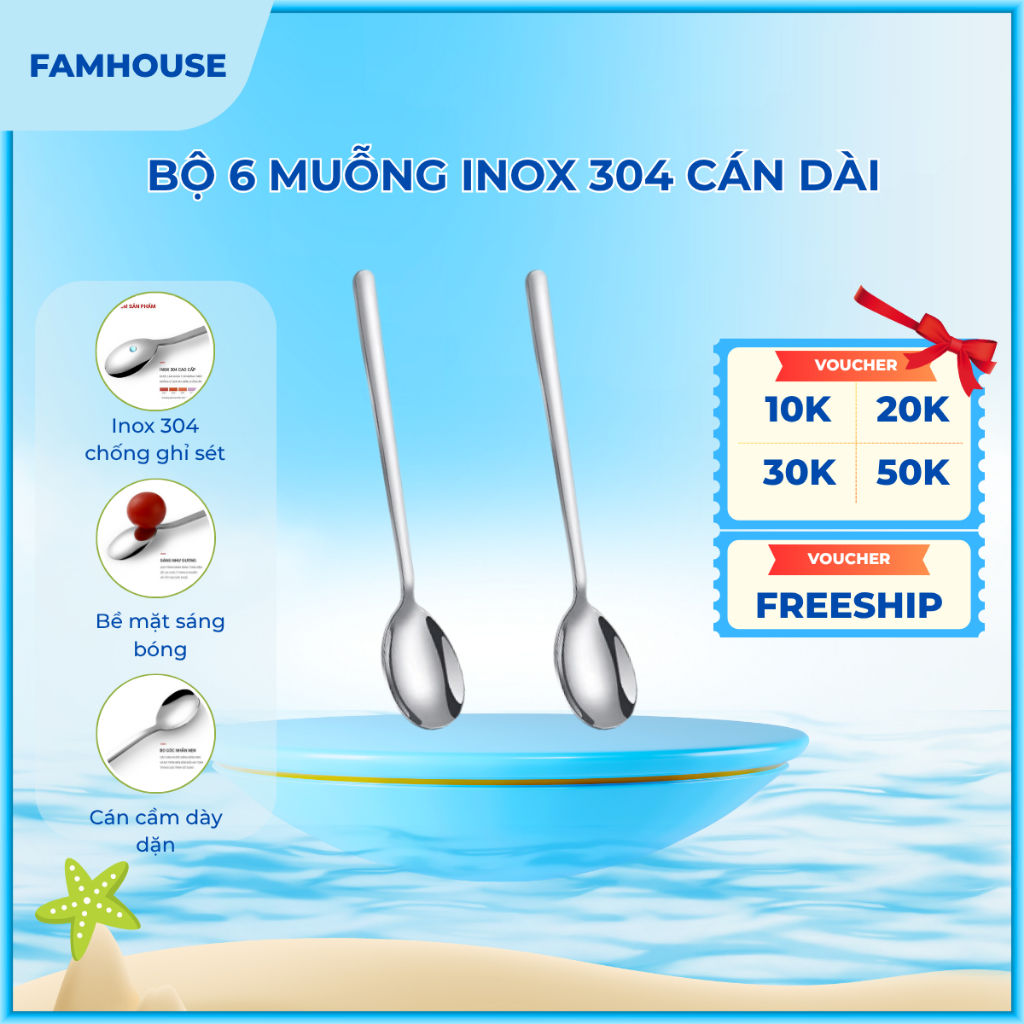 Bộ 6 thìa muỗng inox 304 FamHouse cao cấp, muỗng inox 304 cán dài, thìa inox 304