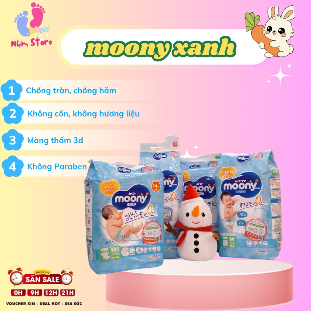 TÃ BỈM MOONY XANH NHẬP KHẨU NHẬT BẢN, TÃ DÁN/QUẦN MOONY NHẬT đủ size cho bé