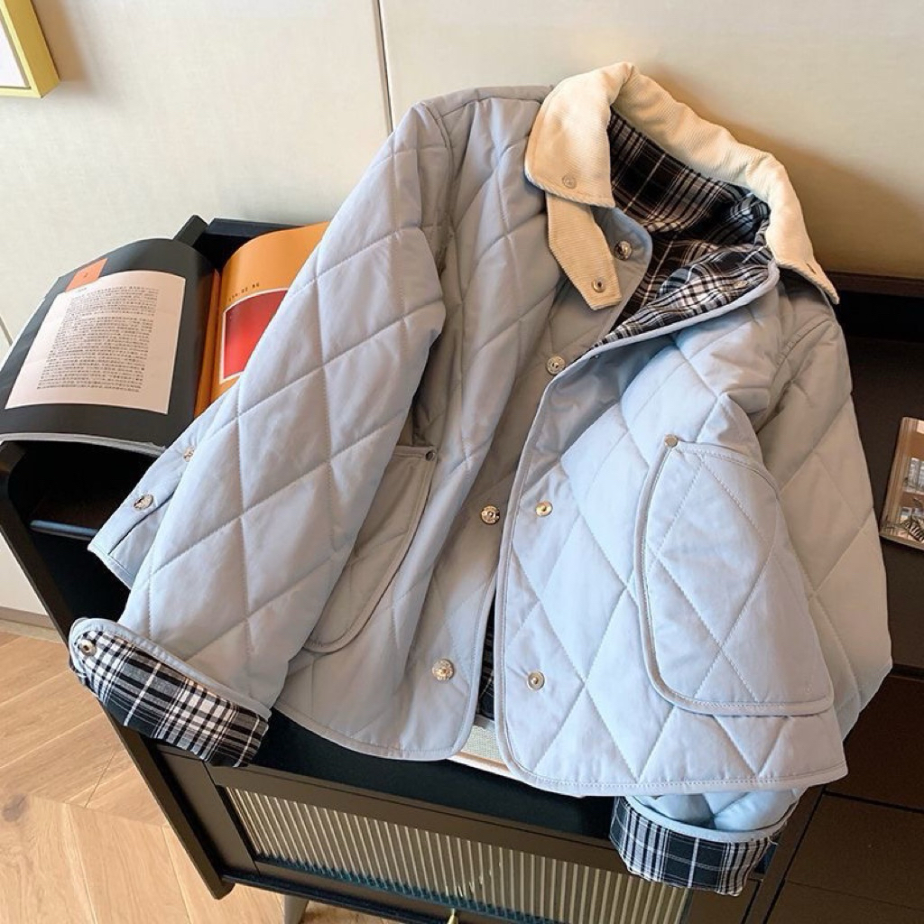 【Sẵn -Ảnh Thật Shop Cuối】Áo Khoác Nữ Màu Xanh Mint Phối Cổ Nhung Bẻ ,Áo Khoác Phao Nữ Trần Trám Phối