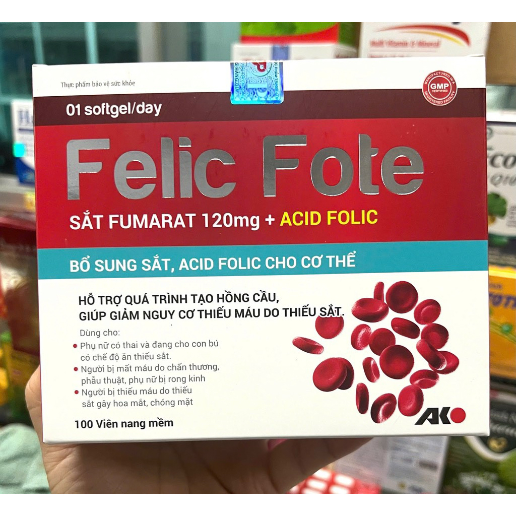 FELIC FOTE - Bổ sung sắt, acid folic, giảm nguy cơ thiếu máu, tái tạo hồng cầu (H/100 viên)