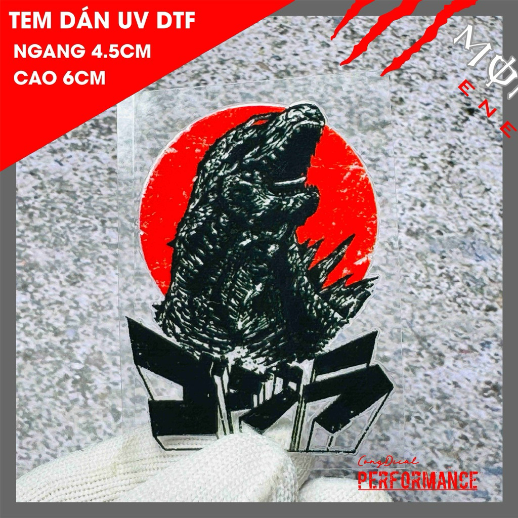 Tem dán Gozilla mặt trời đỏ ( size 6cm x 4.5cm ) chất liệu UV DTF