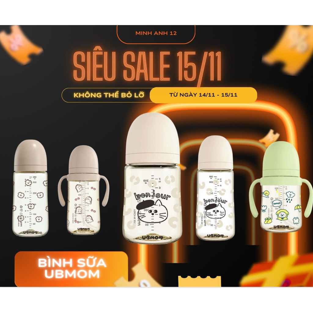 [C.H]Bình Sữa PPSU UBMOM 280ml - Họa Tiết Dễ Thương – Chống Sặc, Chống Tràn, Giúp Bé Bú Tự Nhiên 200