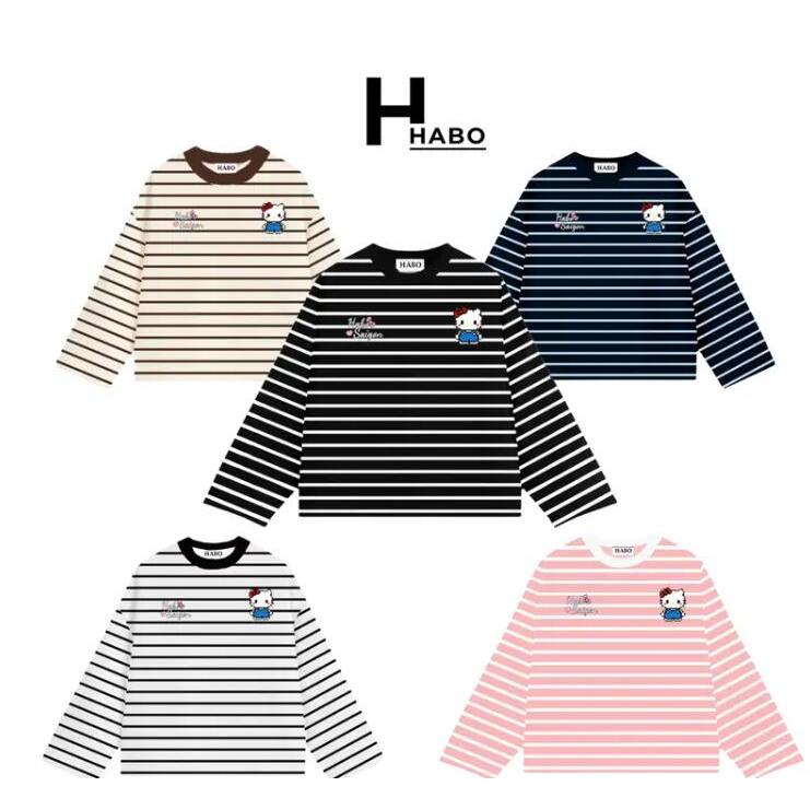 HABO.STORE18 Áo Thun Tay Dài Sọc Ngang Thun Bozip QC Long Sleeve Boxy Form Rộng Cổ Tròn Hello Kitty Unisex Nam Nữ Basic
