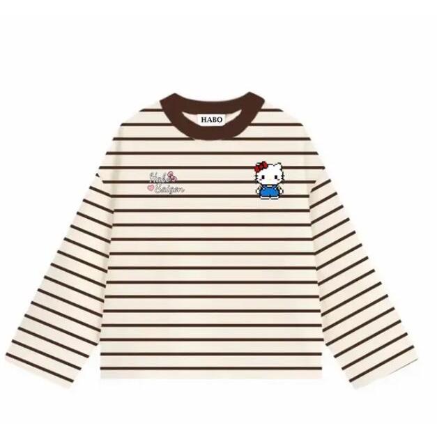 HABO.STORE18 Áo Thun Tay Dài Sọc Ngang Thun Bozip QC Long Sleeve Boxy Form Rộng Cổ Tròn Hello Kitty Unisex Nam Nữ Basic | BigBuy360 - bigbuy360.vn