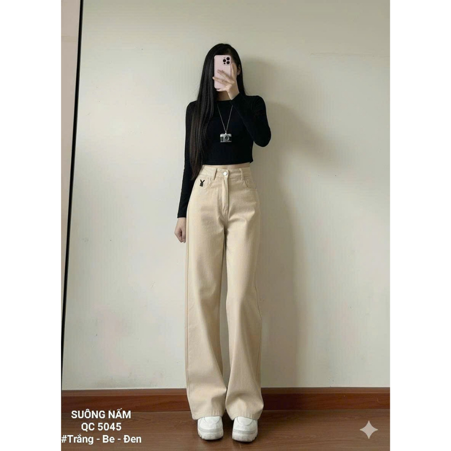 [55-90kg] Quần Jean Nữ Bigsize Cạp Cao Ống Rộng Chất Vải Jean Mềm, Quần Bò Ống Rộng Nữ Suông Nấm Trắng Đen Be QC5045 | BigBuy360 - bigbuy360.vn