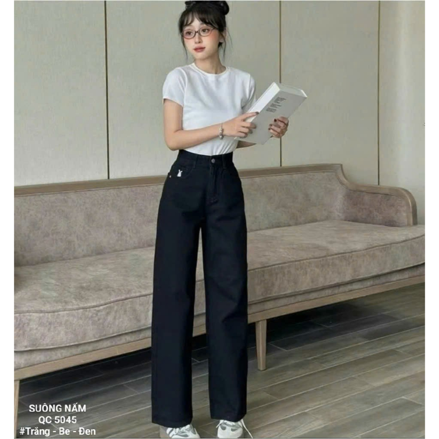 [55-90kg] Quần Jean Nữ Bigsize Cạp Cao Ống Rộng Chất Vải Jean Mềm, Quần Bò Ống Rộng Nữ Suông Nấm Trắng Đen Be QC5045 | BigBuy360 - bigbuy360.vn