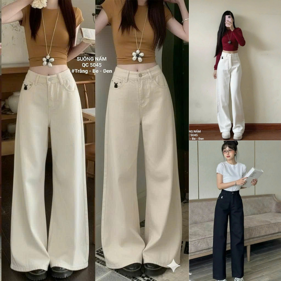 [55-90kg] Quần Jean Nữ Bigsize Cạp Cao Ống Rộng Chất Vải Jean Mềm, Quần Bò Ống Rộng Nữ Suông Nấm Trắng Đen Be QC5045 | BigBuy360 - bigbuy360.vn