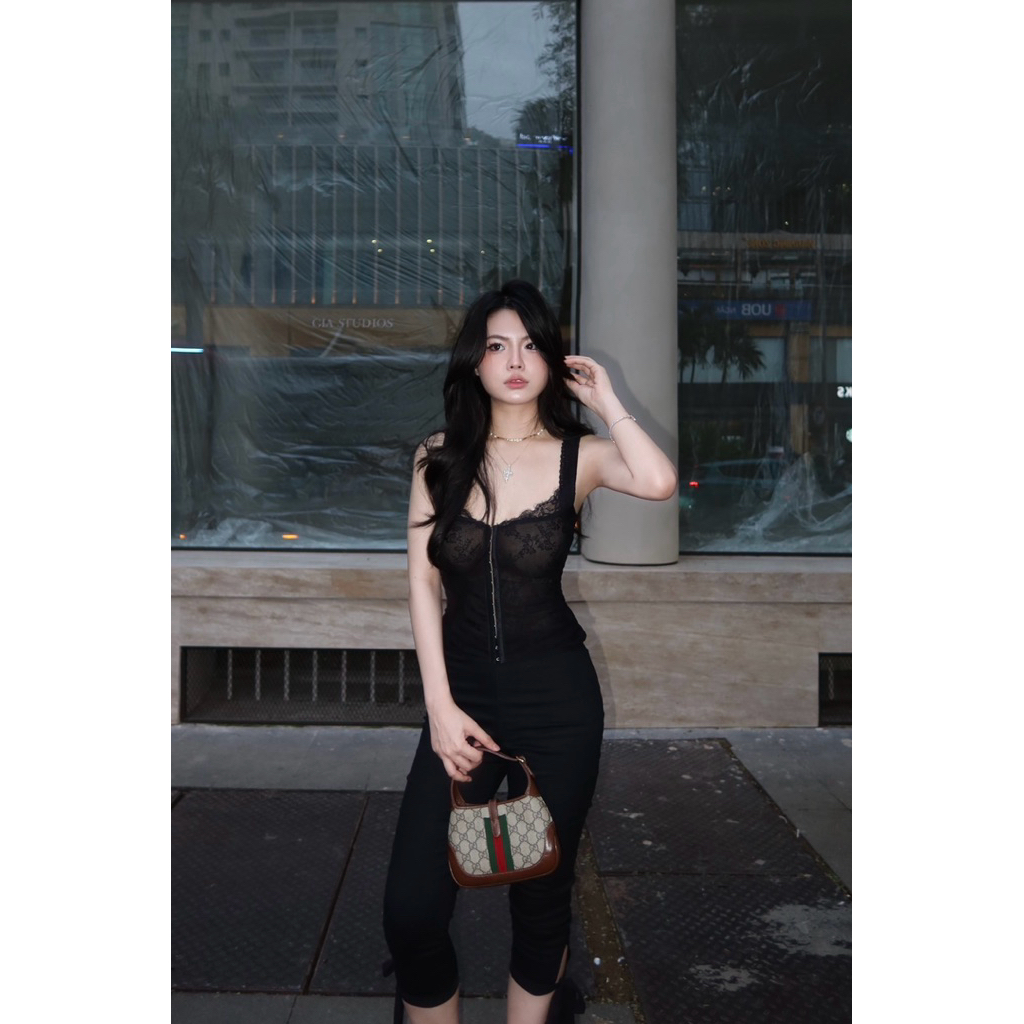 Áo Ren Đen Lót Lưới Xuyên Thấu Nhẹ phối VIỀN REN ôm body  - Kousì Studio