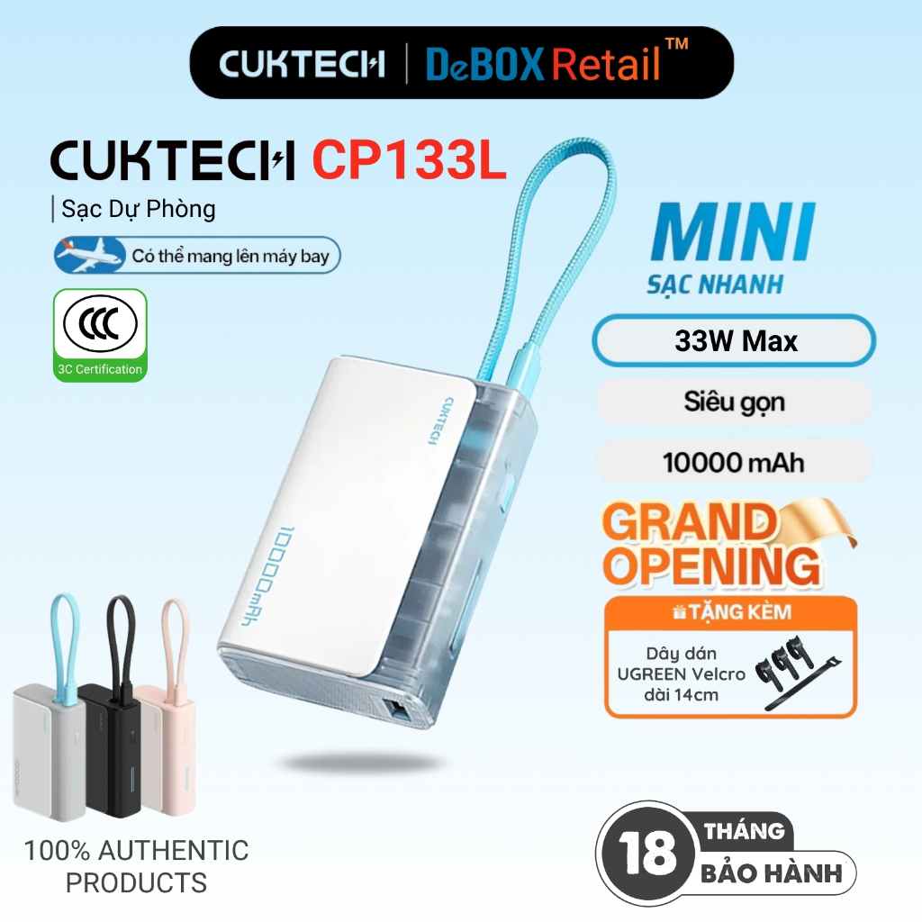 Pin Sạc Di Động Kèm Cáp CUKTECH CP133L | Sạc Nhanh 33W Max | Dung Lượng 10.000mAh | Bảo Hành 18 Thán