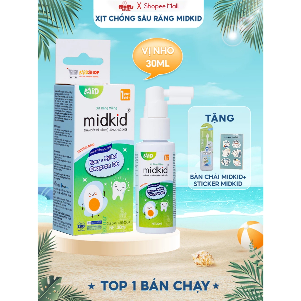 [COMBO 2] hộp Xịt chống sâu răng Midkid vị nho 30ml cho bé từ 1 tuổi giúp làm sạch, ngăn ngừa ố vàng