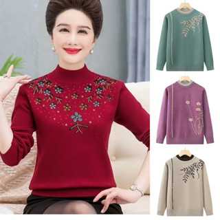  Áo len trung niên nữ Áo ấm thu đông cổ cao Chất Liệu len dệt kim mềm mịn phối hoa Phong cách sang trọng thanh lịch 