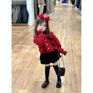  {Hàng loại 1} Set áo len vặn thừng đính nơ chân váy nhung 2 tầng có lót trong size 2-12Y Jumy Kids 