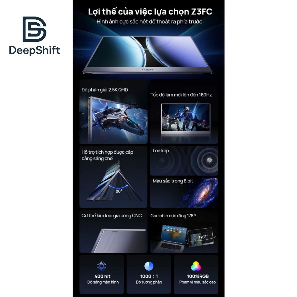 Màn hình di động ARZOPA Z3FC 16.1" IPS 180Hz 2.5K 107% sRGB HDR, Chăm sóc mắt | Cho PC, Laptop, Mobile | BigBuy360 - bigbuy360.vn