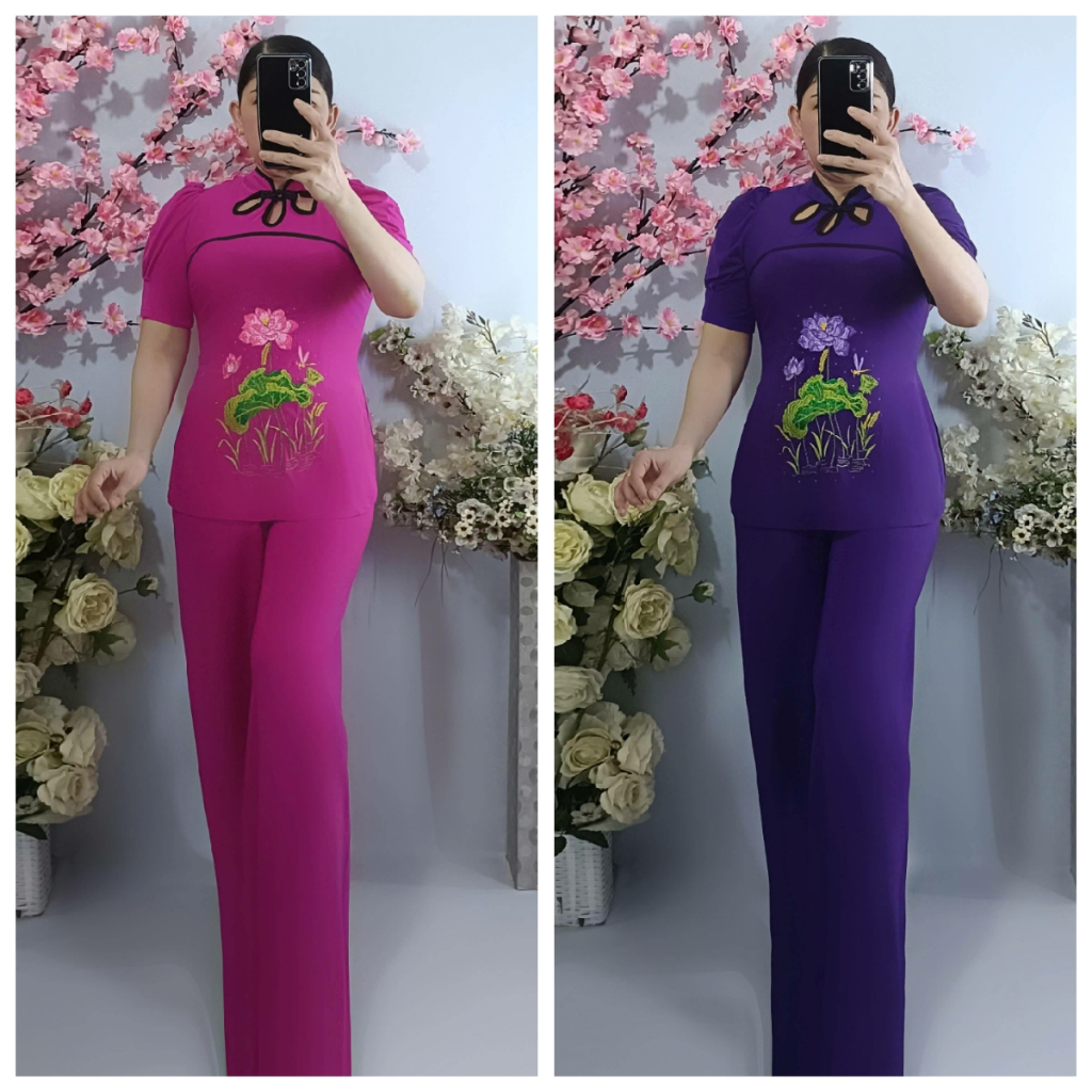 Bộ Sẩm Thêu Sen Cổ 3 Giọt Ống Rộng